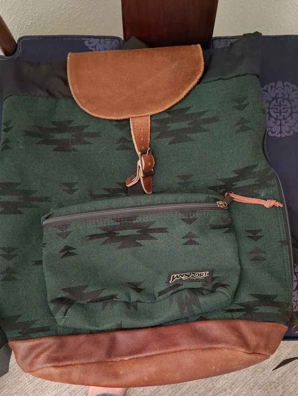Jansport Green Patterned Backpack with Brown Leather Trim